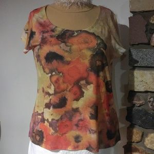 Watercolor look pullover top in oranges & browns.